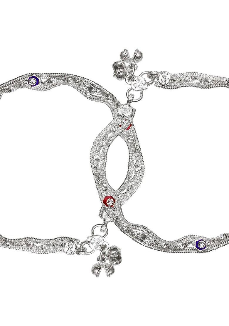 Silver Set Of 2 Oxidised Silver Plated Red And Blue Beaded Handcrafted Anklets