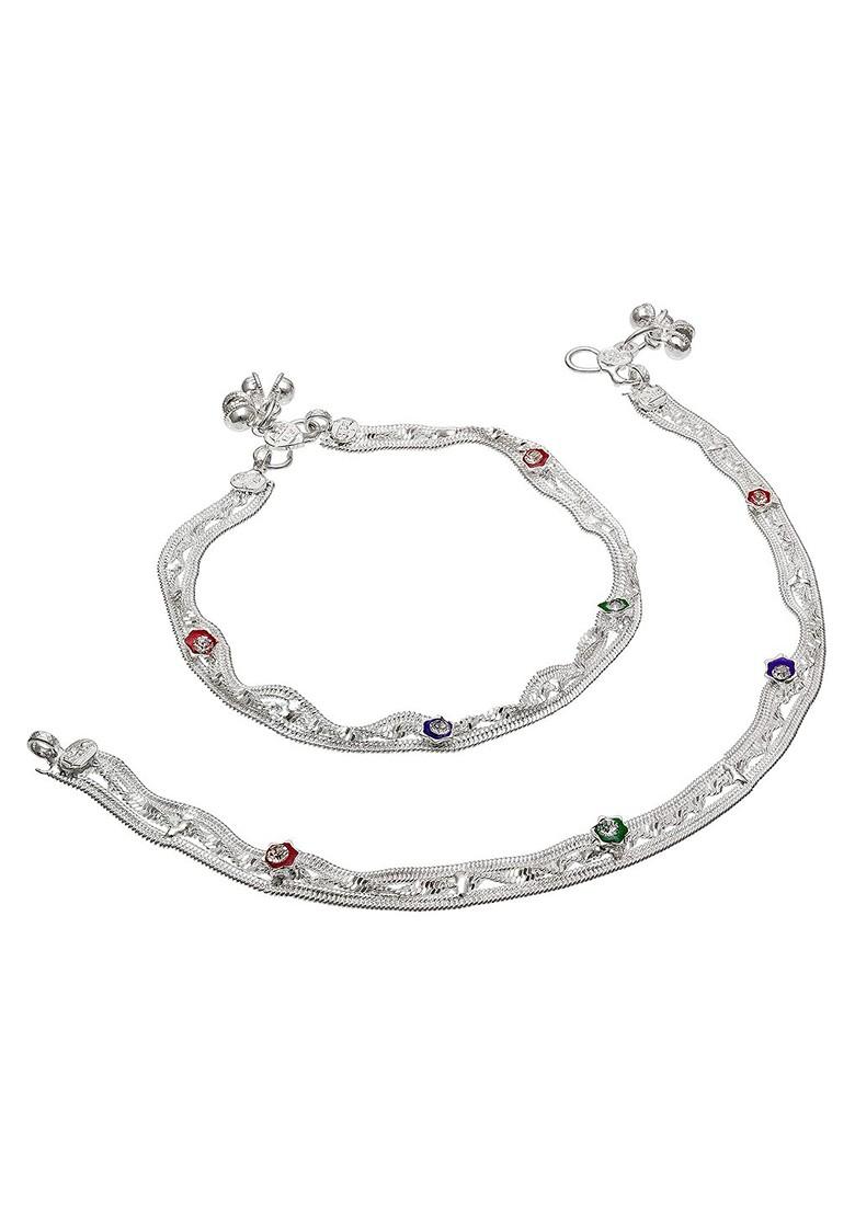 Silver Set Of 2 Oxidised Silver Plated Red And Blue Beaded Handcrafted Anklets