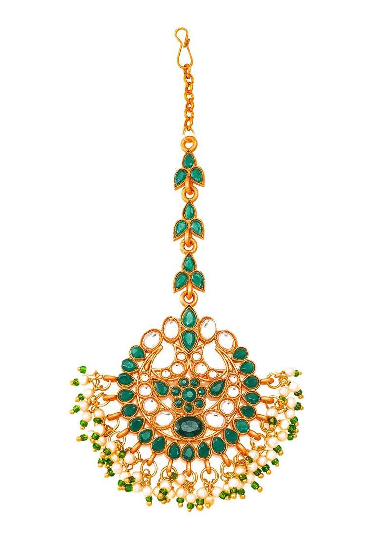 Gold Plated Green And White Stone Studded And Beaded Handcrafted Maangtikka