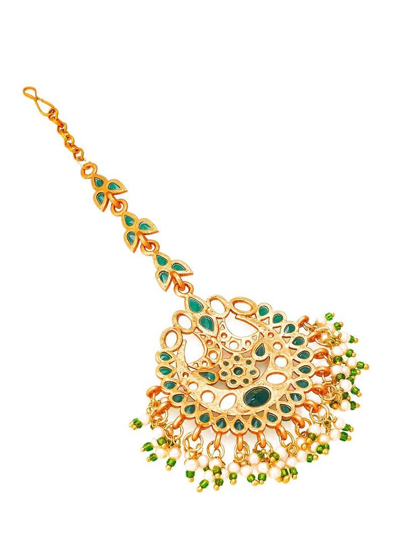 Gold Plated Green And White Stone Studded And Beaded Handcrafted Maangtikka