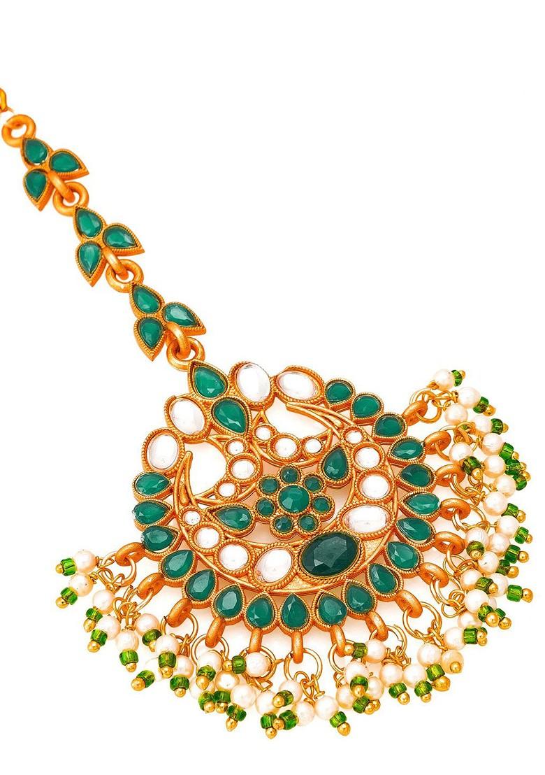 Gold Plated Green And White Stone Studded And Beaded Handcrafted Maangtikka