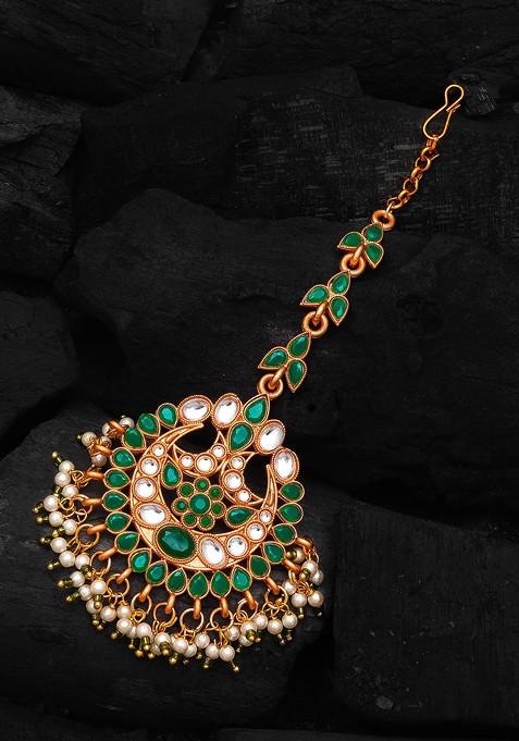 Gold Plated Green And White Stone Studded And Beaded Handcrafted Maangtikka