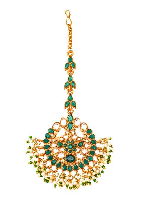 Gold Plated Green And White Stone Studded And Beaded Handcrafted Maangtikka