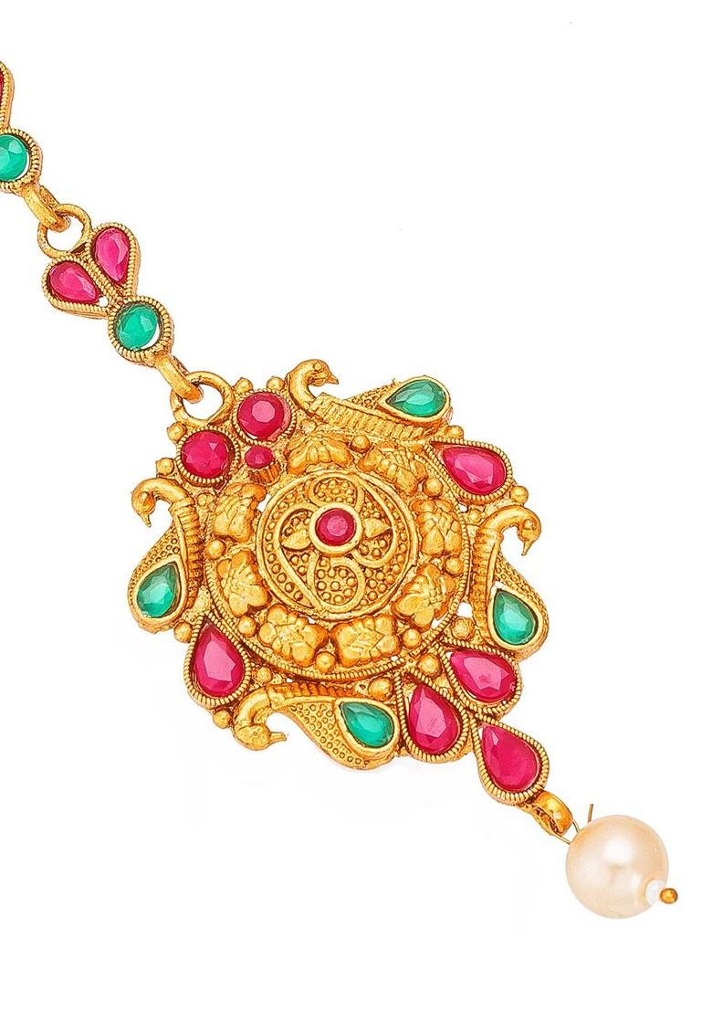 Women Gold Toned And Red Ruby And Pearls Studded Maang Tikka