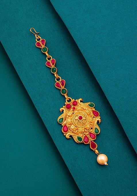Women Gold Toned And Red Ruby And Pearls Studded Maang Tikka