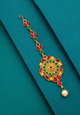 Women Gold Toned And Red Ruby And Pearls Studded Maang Tikka