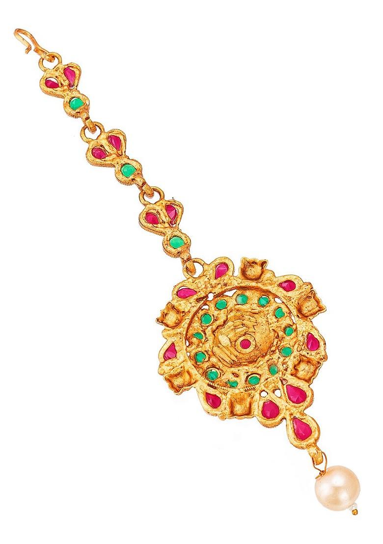 Women Gold Toned And Red Ruby And Pearls Studded Maang Tikka