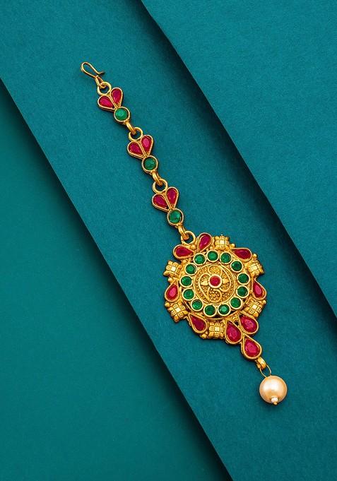 Women Gold Toned And Red Ruby And Pearls Studded Maang Tikka