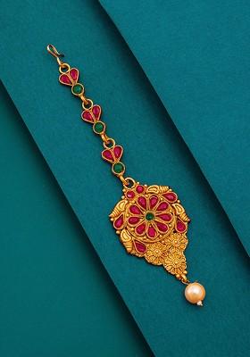 Women Gold Toned And Red Ruby And Pearls Studded Maang Tikka
