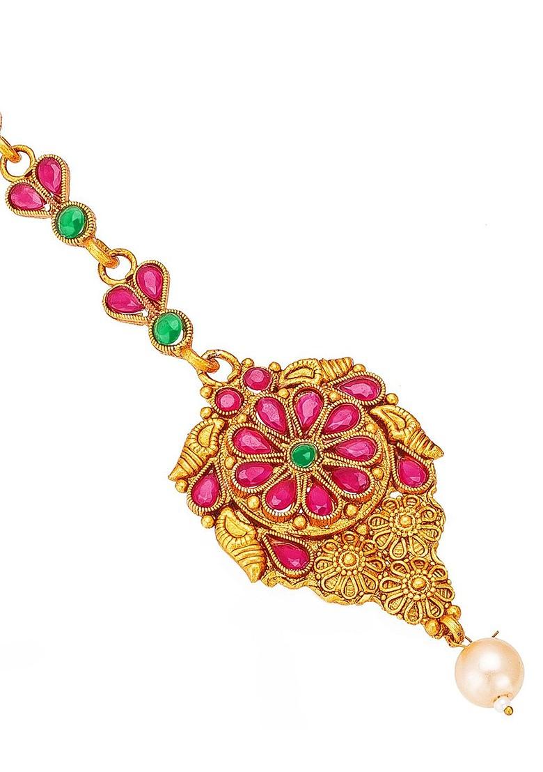 Women Gold Toned And Red Ruby And Pearls Studded Maang Tikka
