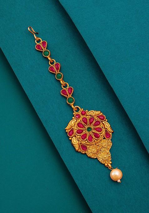 Women Gold Toned And Red Ruby And Pearls Studded Maang Tikka