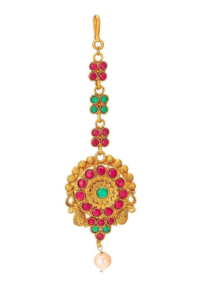 Women Gold Toned And Red Ruby And Pearls Studded Maang Tikka