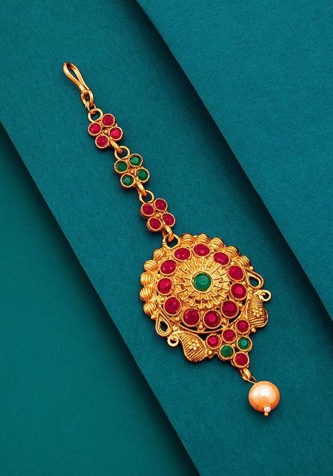 Women Gold Toned And Red Ruby And Pearls Studded Maang Tikka