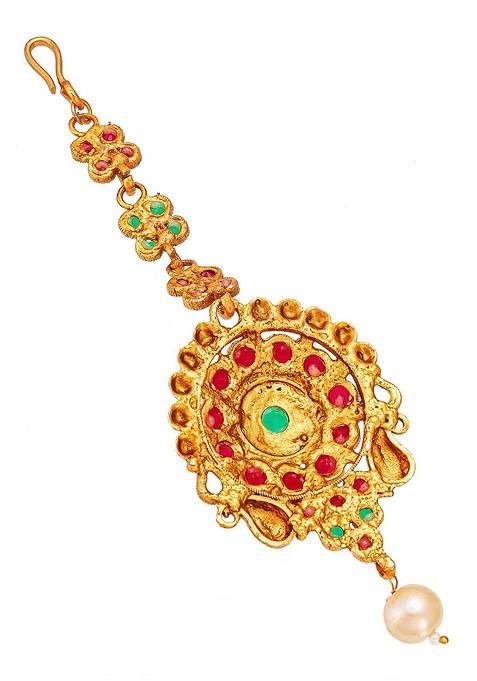 Women Gold Toned And Red Ruby And Pearls Studded Maang Tikka