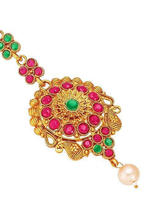 Women Gold Toned And Red Ruby And Pearls Studded Maang Tikka