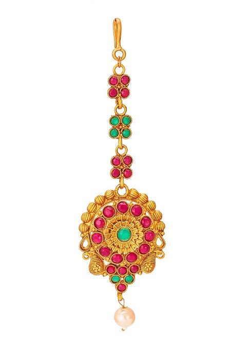 Women Gold Toned And Red Ruby And Pearls Studded Maang Tikka