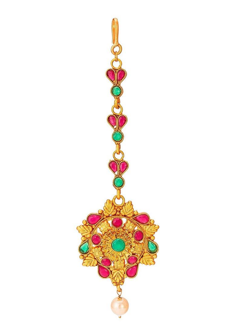 Women Gold Toned And Red Ruby And Pearls Studded Maang Tikka