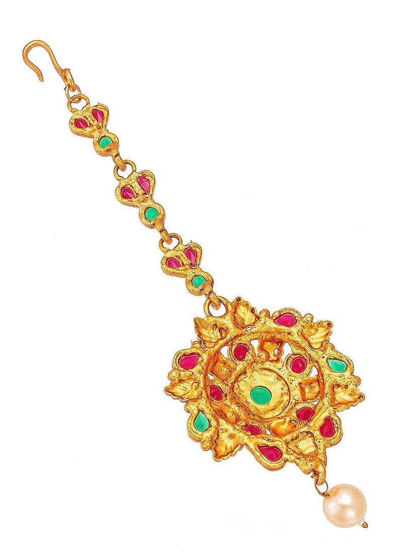 Women Gold Toned And Red Ruby And Pearls Studded Maang Tikka