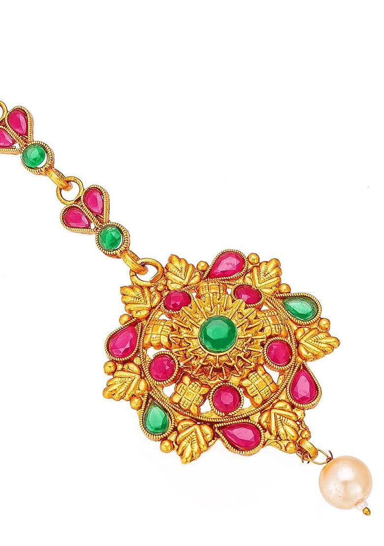 Women Gold Toned And Red Ruby And Pearls Studded Maang Tikka