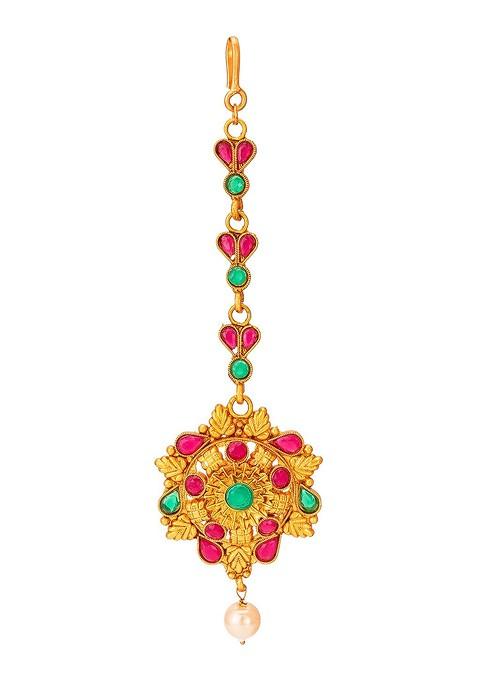 Women Gold Toned And Red Ruby And Pearls Studded Maang Tikka