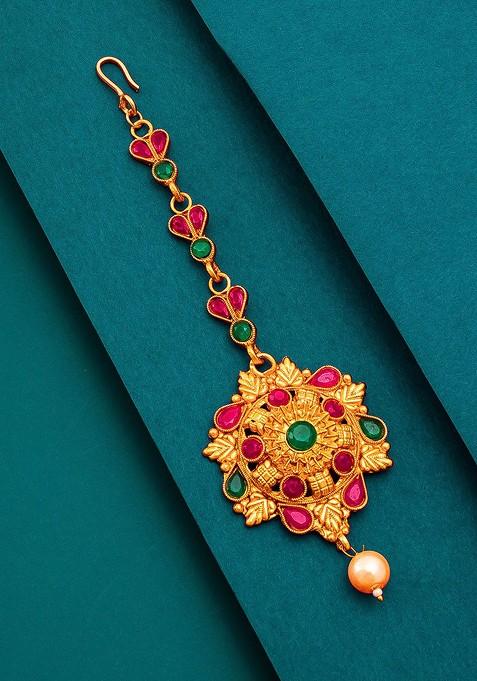 Women Gold Toned And Red Ruby And Pearls Studded Maang Tikka