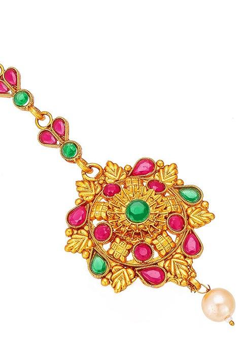 Women Gold Toned And Red Ruby And Pearls Studded Maang Tikka