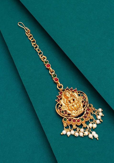Gold Plated White And Green Kundan Studded And Pearl Beaded Temple Maang Tikka