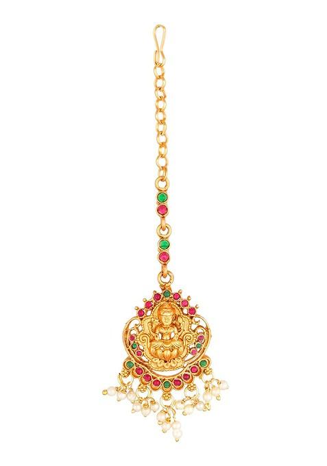 Gold Plated White And Green Kundan Studded And Pearl Beaded Temple Maang Tikka