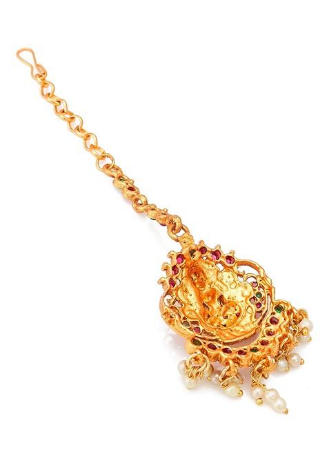 Gold Plated White And Green Kundan Studded And Pearl Beaded Temple Maang Tikka
