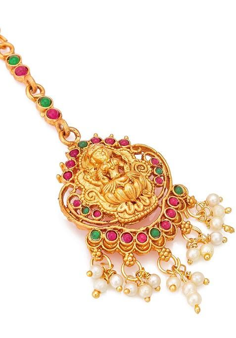 Gold Plated White And Green Kundan Studded And Pearl Beaded Temple Maang Tikka