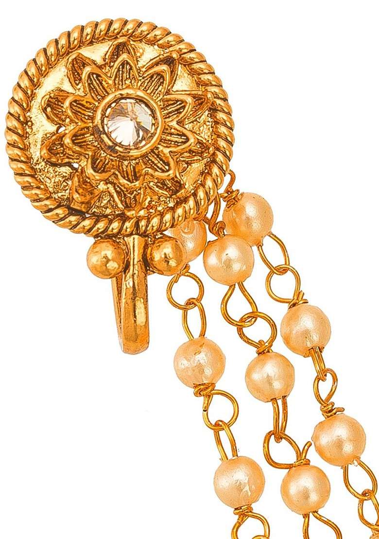 Gold Plated American Diamond Studded Nose Pin With Chain - Indya