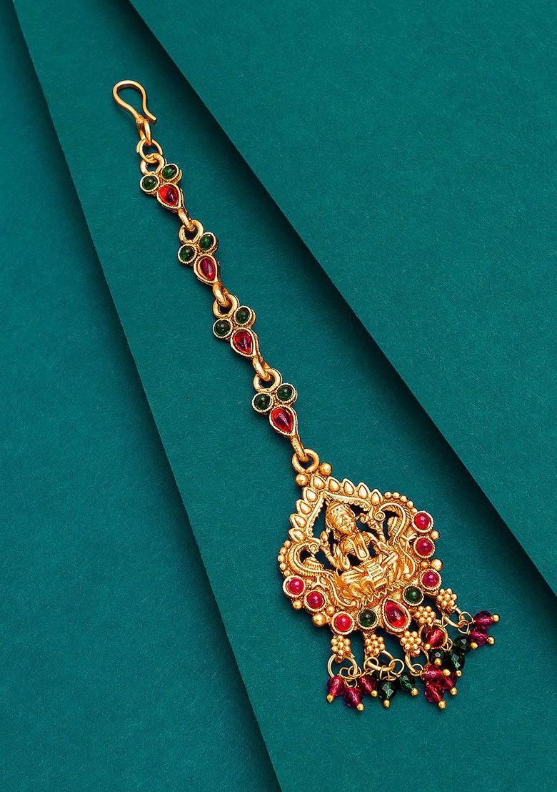 Gold Plated Pink And Green Kundan Studded Maang Tikka