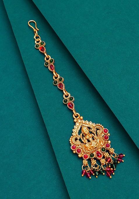 Gold Plated Pink And Green Kundan Studded Maang Tikka