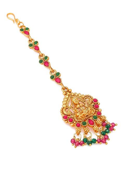 Gold Plated Pink And Green Kundan Studded Maang Tikka