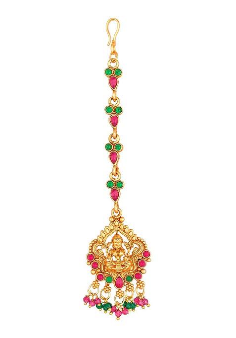 Gold Plated Pink And Green Kundan Studded Maang Tikka
