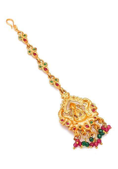 Gold Plated Pink And Green Kundan Studded Maang Tikka