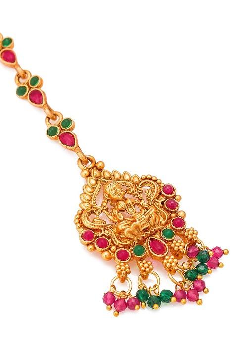 Gold Plated Pink And Green Kundan Studded Maang Tikka