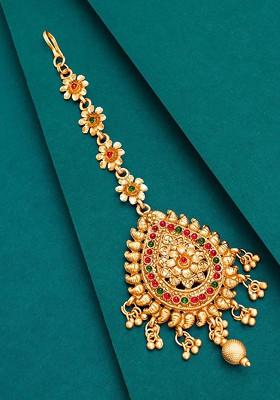 Gold Plated Red And Green Kundan Studded Maangtikka