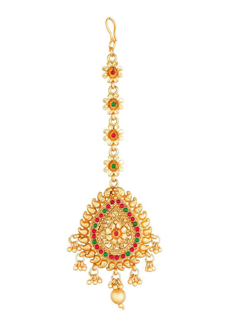 Gold Plated Red And Green Kundan Studded Maangtikka