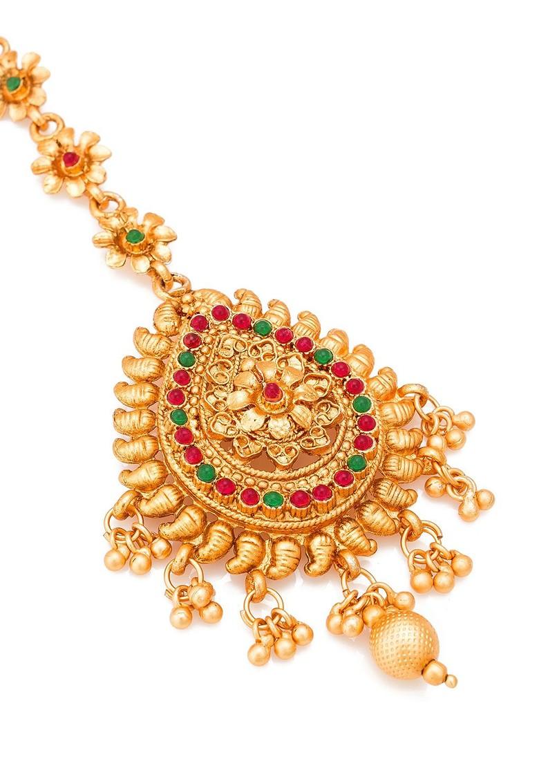 Gold Plated Red And Green Kundan Studded Maangtikka