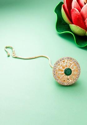 Rose Gold Plated Green Stone Studded Maang Tikka