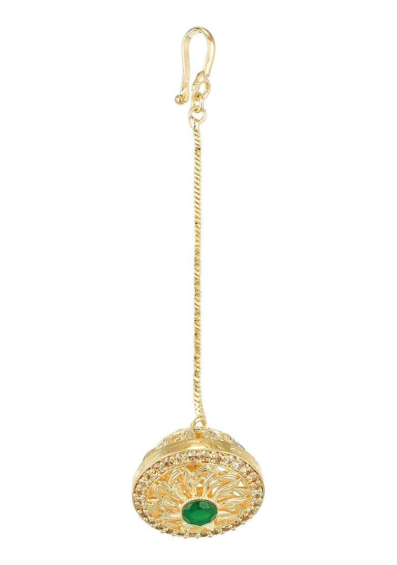 Rose Gold Plated Green Stone Studded Maang Tikka