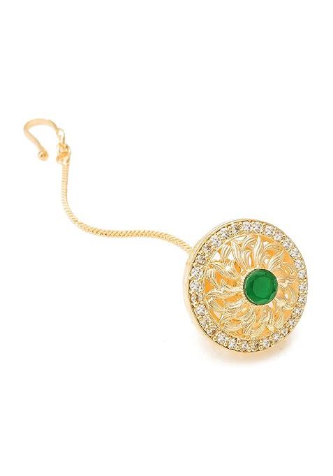 Rose Gold Plated Green Stone Studded Maang Tikka