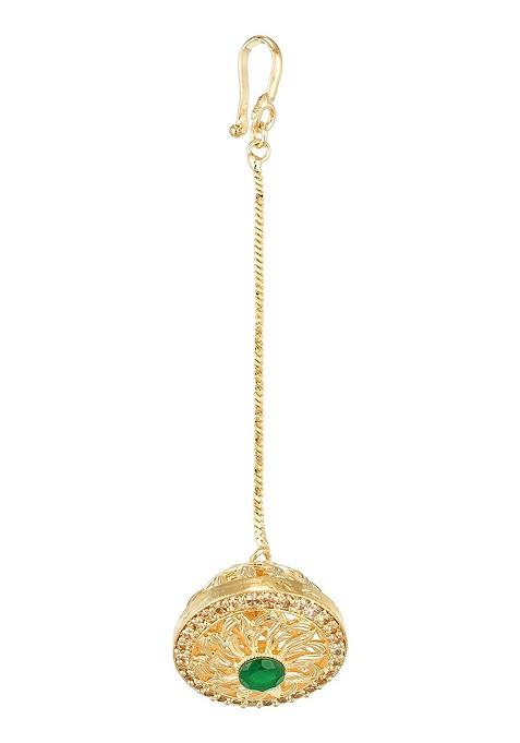 Rose Gold Plated Green Stone Studded Maang Tikka