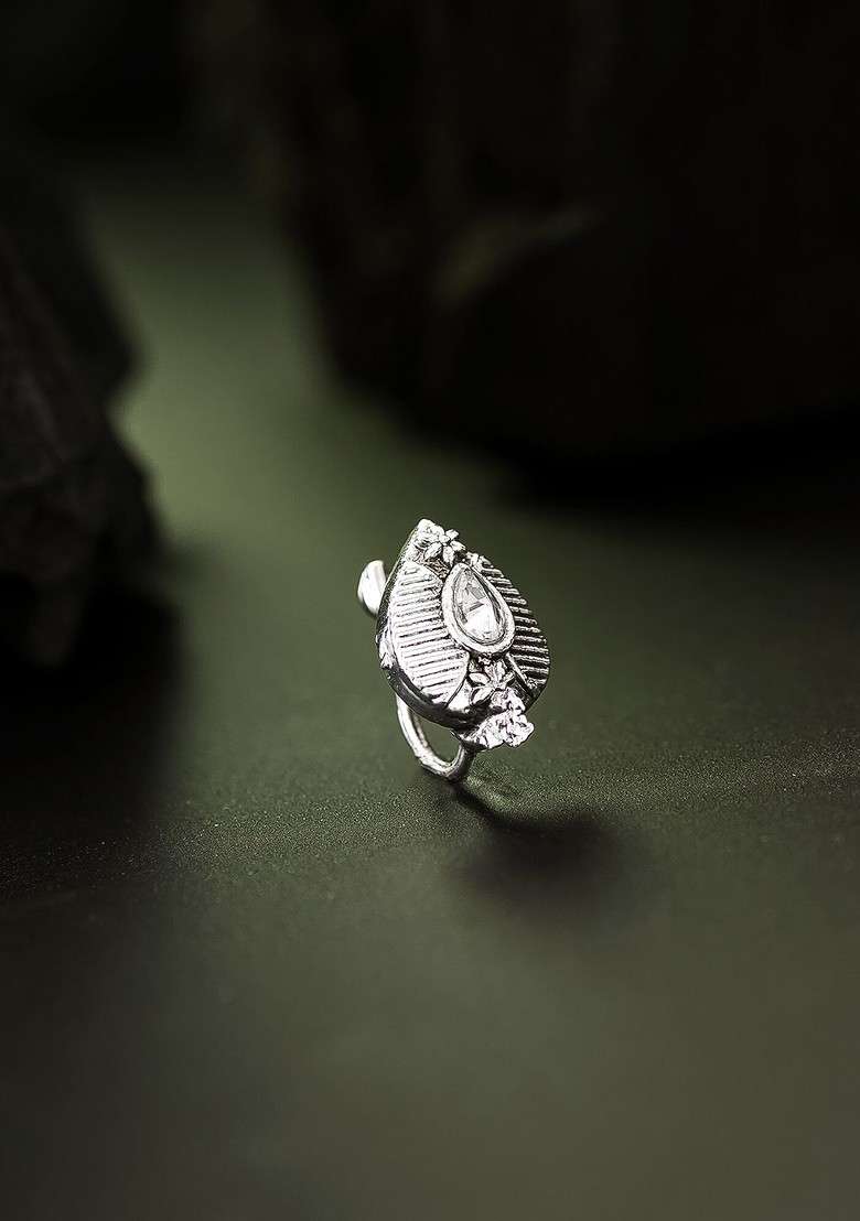 Silver Silver Plated White Ad Studded Stud Nose Pin - Indya