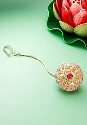 Rose Gold Plated White And Pink Stone Studded Maang Tikka