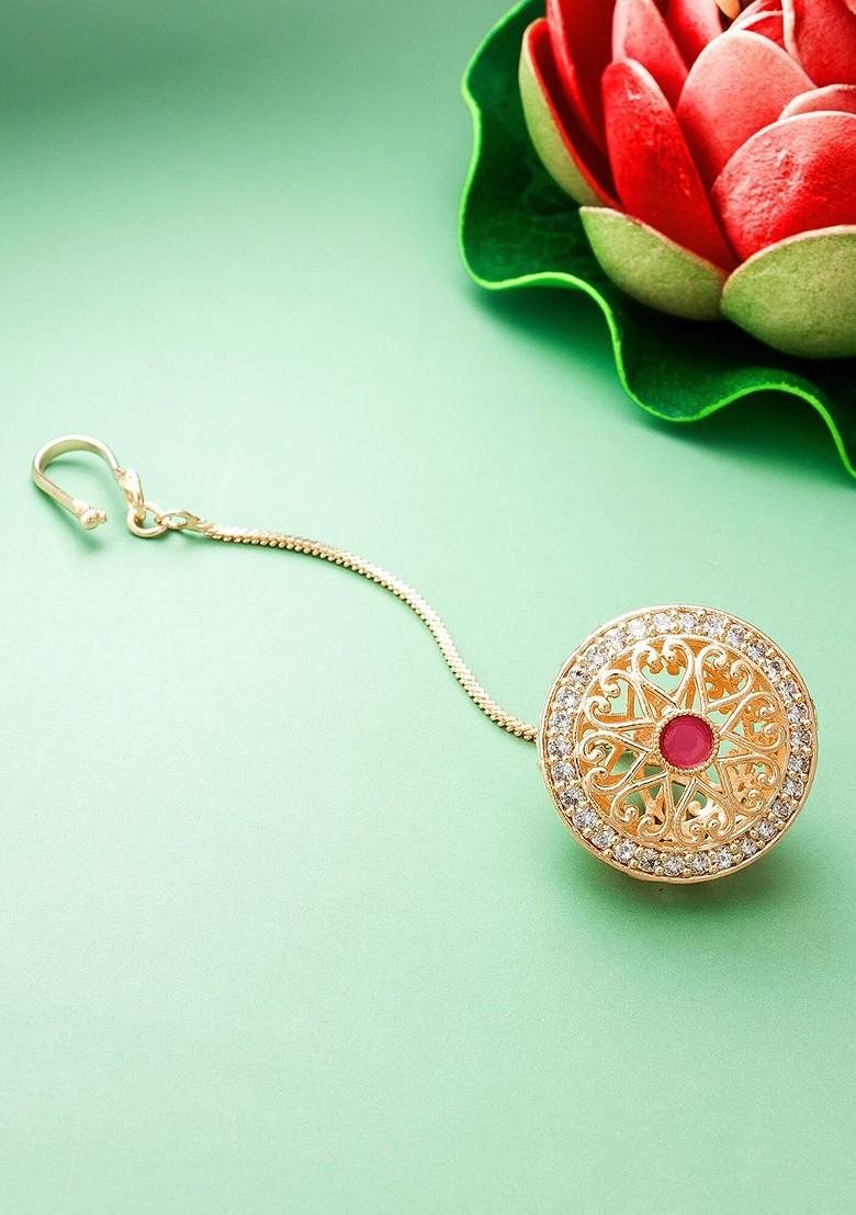 Rose Gold Plated White And Pink Stone Studded Maang Tikka