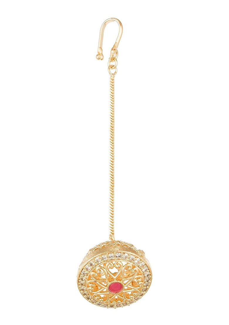 Rose Gold Plated White And Pink Stone Studded Maang Tikka