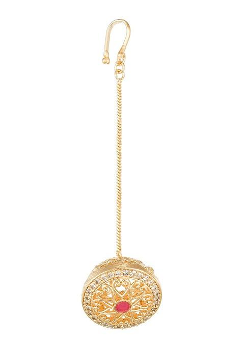 Rose Gold Plated White And Pink Stone Studded Maang Tikka