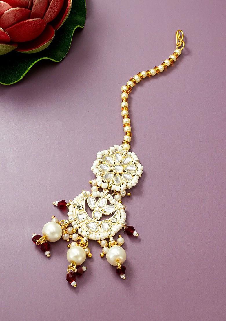 Gold Plated Kundan Studded And Pearl Maang Tikka